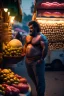 Placeholder: full body shot photography, iranian man at night, 55 years old with hands on the flap, manly chest, muscular chubby , curly beard, dirty, serious, stand up on a crowded street, sells watermelons at his stall, sweat, shirtless, open legs, bulging pants, long hair, ugly, big thighs, bullneck, big shoulders, photo realistic, photographic, super detailed, hyper realistic, UHD, midnight , misery and poverty, side light, frontal view from the ground, ambient occlusion