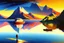 Placeholder: Lake reflection, distant exoplanet in the horizon, boat, mountains, sci-fi, lesser ury painting