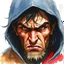 Placeholder: dnd, fantasy, watercolour, large strokes, stylistic, portrait, illustration, artistic, professional illlustration, male, face, weathered face, sly, violent, evil, vigorous, rogue, criminal