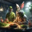 Placeholder: portrait of crazy scientist and army officer irradiating food inside grove with huge fluffy hare with nightmare mutations, 4 k, down-light, soft light, depth of field, photo realism, trending on art station, high detail, spray paint