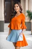 Placeholder: fullbody shot of young-beautiful-ozbek-with-a-perfect-face-with-make-up-wearing-orange top and midi pleated light blue skirt standing , prophesional photography studio