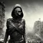 Placeholder: women with faces covered in black masks, holding rifle, ragged clothes, realistic, Life Magazine photgraphy, war-torn, destroyed city in the background, dystopian, 8k resolution, hyperrealistic, detailed matte painting, b&w, dynamic lighting, war, anarchy, rebels, terrorists