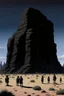 Placeholder: giant black rock in the desert with small people around n the style of Hiroshi Nagai