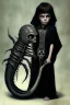 Placeholder: 7 year old boy, necromancer, friendly, looks dead,with a long lamprey emerging from his belly , wearing black robes, in the style of H.R. Giger