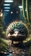 Placeholder: Ostrich turtle cactus with friendly cute face and hair locks in dark lit reflective wet jungle metallic hall dome hotel tunnel, in the style of a game,bokeh like f/0.8, tilt-shift lens 8k, high detail, smooth render, down-light, unreal engine, prize winning