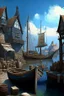 Placeholder: gothic, medieval, fishing town, rocks, long piers, fishing boats, shops, blue sky