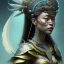 Placeholder: Sango fantasy, fantasy magic, intricate, sharp focus, illustration, highly detailed, digital painting, concept art, matte, art germ and Paul Lewin and Kehinde Wiley, masterpiece Mayan princess dancer head bronze feather's' Asian Latin girl nice breast brown Thai hair turquoise silver blue sky