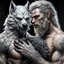 Placeholder: Teo the anthropomorphic strong gray hairy body wolfman holds between his paws the anthropomorphic pale hairy body wolfwoman's face , photo from face, neck and shoulders, blur background., high detalied, high realistic, sci-fi and fantasy mood