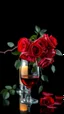 Placeholder: The image is a digital artwork that depicts a branch of tree of Red roses and leaves tangling down cr The background is black, which makes a branch of a tree of red roses stand out even more adding to the dreamy, ethereal quality of the image.all leaves and A big sweat drop of water on the outside the glass of red wine up in front the roses. A dim light candle in the background