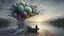 Placeholder: back to the camera on unique bench a figure sittings in a beautiful landscape and overlooking the water of the nearby lake, calm, harmonious atmosphere, muted dark colors, purple, white, gray, green, blue, brown, silver, and pale colors, ,not too colorful colors, Whimsical style and giant stunning neuron network all over the sky, half shadow and half light picture, surreal stunning vibe