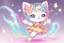 Placeholder: a cute fluffy chibi cat dancer in metallic silky shined colourful dress dynamically dancing and throwing up shiny metallic glitters