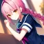 Placeholder: girl, masterpiece, best quality, volumetric lighting, detailed outfit, perfect eyes, pink hair, orange eyes, school outfit, braided ponytail,