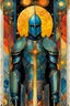 Placeholder: Create a chaotic abstract cubist Tarot Card depicting an ornate, The Knight of Swords , with highly detailed facial features, in the style of Bill Sienkiewicz, Philippe Druillet, Gustav Klimt, and Jean Giraud Moebius, precisely drawn, colored and inked, with ornate bordered edges