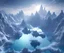 Placeholder: A small frozen crystal blue lake centered around snowy mountains, high resolution, realistic, beautiful, volumetric lighting, colorful, masterpiece, crystalline, strong blue color, detailed, aerial view, 8K, intricate details, cyberpunk, cosmic