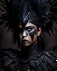 Placeholder: Beautiful young woman portrait adorned vith voidcore shamanism craw bird venetian style headress textured feathers and black craw venetian masque and wearing hawk voidcore shamanism textured craw bird feathered costume armour organic bio spinal ribbed detail of vantablack gothica background extremely detailed hyperrealistic maximálist concept portrait art