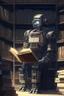 Placeholder: A huge library is serviced by computers, and there are many books on the shelves. The robot is sitting on a chair at the table and holding an antique book in his hands. Expression. High-quality drawing, 8K