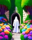 Placeholder: Castle hedge maze with multicolored flowers and hooded figure in white robes rpg art painterly