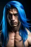 Placeholder: un joven que sea musculoso, de cabellos largos azules, de rostro bello,
