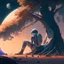 Placeholder: A lonely astronaut sits under the shade of an old tree on the edge of a planet. He looks at a beautiful galaxy. And he is thinking while waiting for his love.4k, high resolution. full detail. digital art, anime