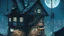 Placeholder: small german Cabin, In cyberpunk city-skyline, comic style, realistic coloring