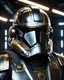 Placeholder: star wars bald male corellian pilot wearing pearlescent black and gunmetal grey First Order special forces heavy assault stealth commando armor and helmet with gold trim inside the jedi temple, hyperdetailed, dynamic lighting, hyperdetailed background, 8k resolution, volumetric lighting, light skin, fully symmetric details