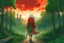 Placeholder: anime man with white long hair and red scarf walking in a forest of tall green trees with a green backpack at dawn its foggy and stormy looking with a fire look out tower in the background with a trail following up to it there is a river next to the trail