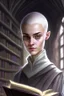 Placeholder: full color portrait drawing, portrait, fantasy setting, 22-year old female human cleric, shaved head, light eyebrows, grey eyes, background library