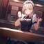 Placeholder: anime waitress taking her break at booth inside a New York diner with two identical coffee cups placed in front oh her on the table,shes filling a cup over