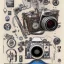 Placeholder: components of the camera laid out flat. poster design. high detailed. oil on canvas.