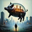 Placeholder: epic surreal matte oil painting, floating glass pig with a fantastical Alexander jansson cityscape inside, Visual embalming atmosphere, metaphorical, imagine if Zdzislaw Beksinski had conceived this, by Colin McCahon, visceral, unsettling, fantastically sophisticated