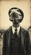 Placeholder: An old picture style of black and white mono very bad quality looks very old camera picture a cracked turtle Face wearing suite and tie person body ,the year 1900 in the background from a distance dinosaurs