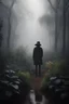 Placeholder: dark and tranquil bosque with much flora and rain , a man with a hat is gardening , a hooded blurred shadow appears in the far back distance in the fog
