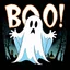 Placeholder: A spooky ghost with bold text above it that spells “ Boo! “