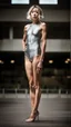 Placeholder: beautiful asian anorexic woman, total shot, short silver triathlon swimsuit, short blond wavy bob hair, blurred concrete background