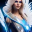 Placeholder: A beautiful portrait of a cute smiling cyberpunk woman with wings, long blond haire, high key lighting, volumetric light high details with white stripes and feathers and blue celtic paterns and luminous glasses in a starry background