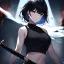 Placeholder: Clear focus,High resolution, black short fluffy hair, long fluffy bangs, and dark blue eyes, Depressed girl, wearing a black short shirt with a black sleeveless crop top, dark aura, controlling water, in a black room, holding a katana