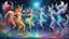 Placeholder: a line of creatures, all from the same species, immersed in a trippy, mind-bending realm. From left to right, the faun dances in swirling colors, a female faun shimmers ethereal. Male satyr pulsates with surreal energy, female satyr glows dream-like. Centaur radiates cosmic wisdom, ethereal female counterpart transcends reality. Male minotaur adorned with shifting patterns, female counterpart mesmerizes. Each creature in the line, a surreal interpretation of the faun, satyr, centaur, and minotau