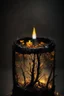 Placeholder: black westphalia stump with a bokeh frame of autumn leaves and twigs (((scale model photography))) candle-lit westphalia in double exposure ((((low iso, double exposure, ))