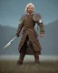 Placeholder: strong medieval warrior with short blond hair, blue eyes and wide warm smile with an axe wearing brown and green clothes