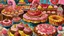Placeholder: A rosy pink carnival made out if cakes, cookies, cupcakes, and donuts painted by Vincent van Gogh