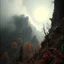 Placeholder: Close-up Ilford photograph of a creepy surreal landscape, eerie, no style, steep wall, autumn vegetation, very surreal, trees, spooky, metaphysical objects, giant sun, intricate, thoughtful, appalling, mountain rocks, figures, deep 3d field, 8k, hypermaximalist, lot of fog