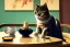 Placeholder: A cat is sitting on a table eating sushi. Perfect iris. Paws