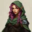 Placeholder: dungeons & dragons; portrait; elf; female; rogue; tan skin; sage green cape; long curly pink hair; pink eyes; leering; leather armor;