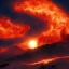 Placeholder: red cloudy dark sky, big sun, volcanic smoke rising, data 2 cartoon style