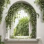 Placeholder: A window in white with an arch decorated with mangoes and light green leaves