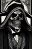 Placeholder: LINE TONE, WSJ STYLE, HEDCUT, ultra high image quality, Grim Reaper, WEARING A 3 PIECE SUIT, POSED FOR DOLLAR BILL PORTRAIT, , Close-up of an set against AMOLED-worthy pure black backdrop, fantasy art style infused with filter, tailored for vertical wallpaper, exclusive design with no duplicates, radiating beauty suitable for a PC screen image, vivid colors, ultra fine, digital painting, BASED ON THE UNITED STATES TREASURY NOTE ONE DOLLAR BILL