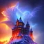 Placeholder: red dragon flying over exploding ice castle, blue storm clouds and burning lightening