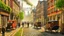 Placeholder: industrial steampunk street with cobbled pavement, steam cars, people, trees