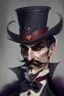 Placeholder: Strahd von Zarovich with a handlebar mustache wearing a top hat with a playful look on his face