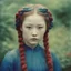 Placeholder: Old autochrome of devon aoki with red cheeks, strange blue braids. in a gardent, in 1830